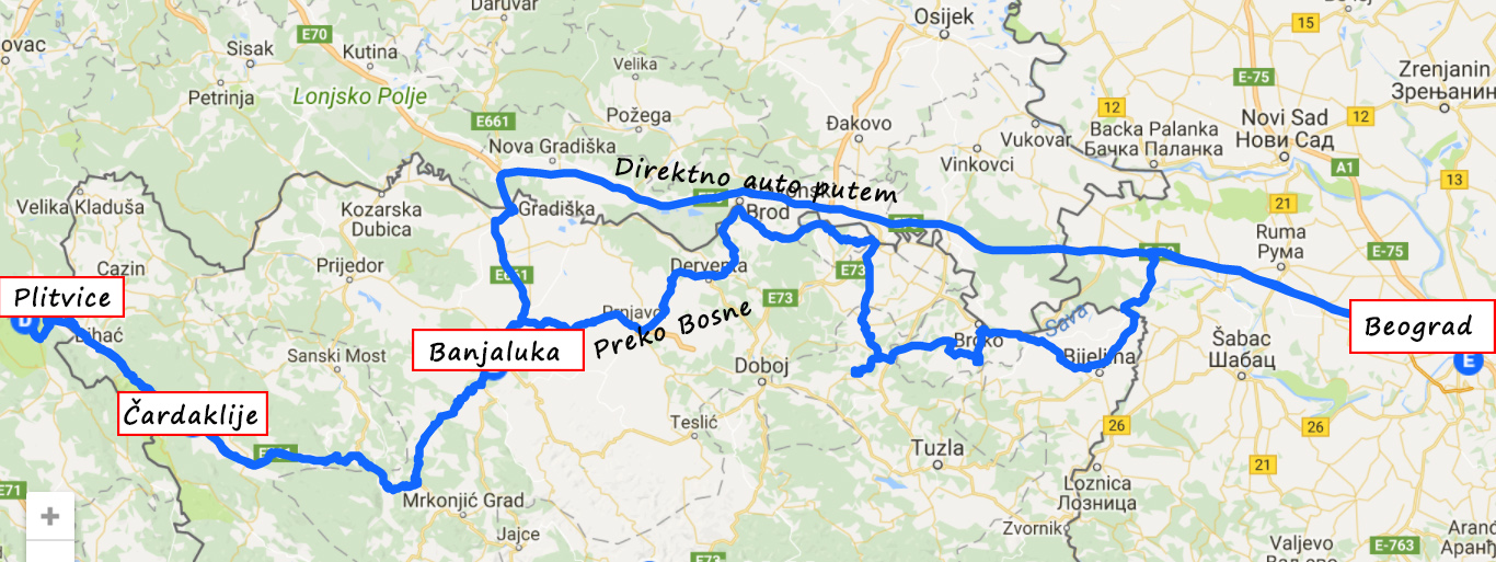Mapa od Beograda do Plitvica